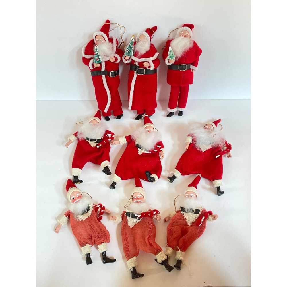 Vintage Santa Claus Christmas Ornament Lot 9pc Felt Mesh Bottle Brush Tree Red